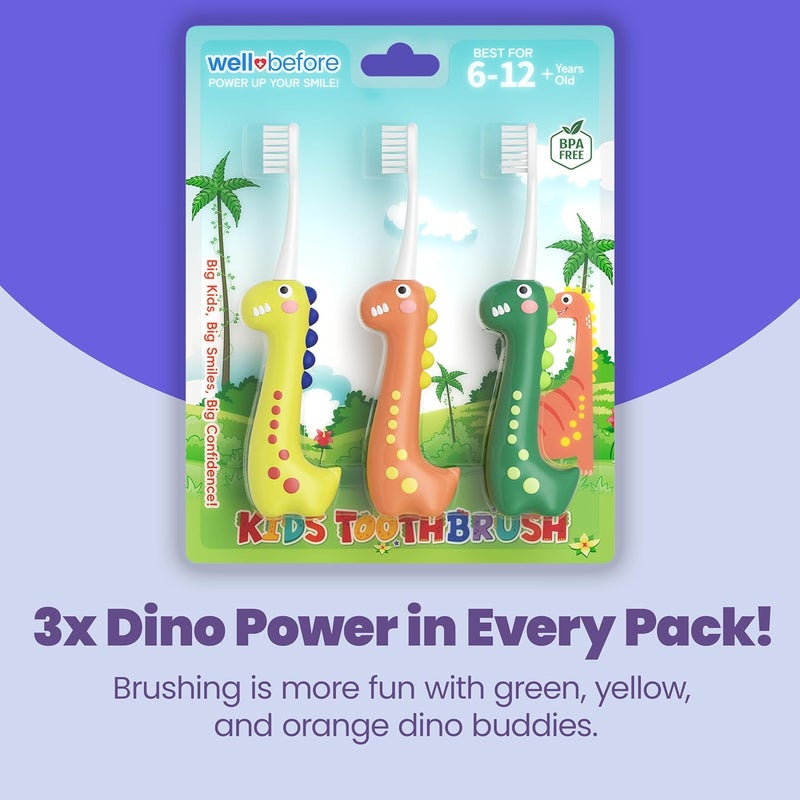 Well Before Dinosaur Kids Toothbrush, 0.12mm Soft Filament Toddler Toothbrush for Kids 6-12 Make Brushing Fun and Protect Kids Delicate Teeth (Pack of 3) - Image 2